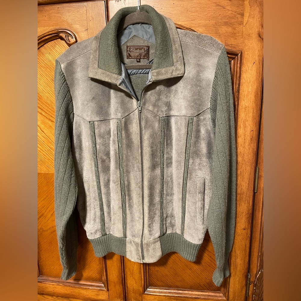 Vintage Chartwell Suede & Knit Jacket 60s Men’s XL Gray Satin Lined Zipper Front